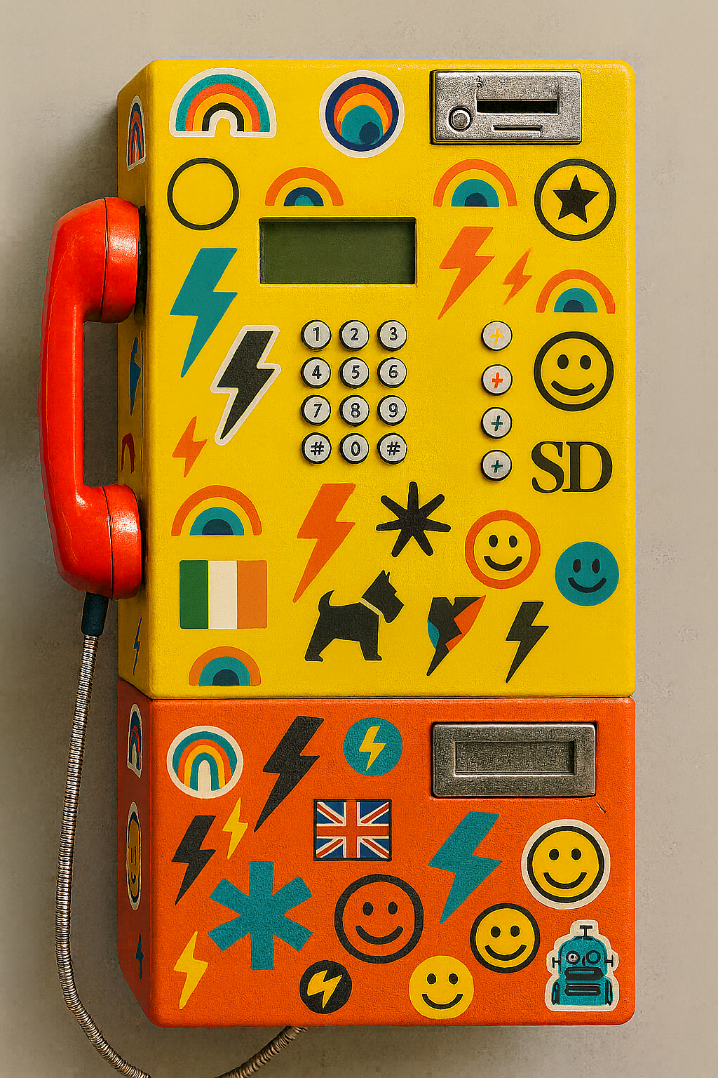 Colorful, decorated payphone with stickers, including rainbows, lightning bolts, smiley faces, and flags.