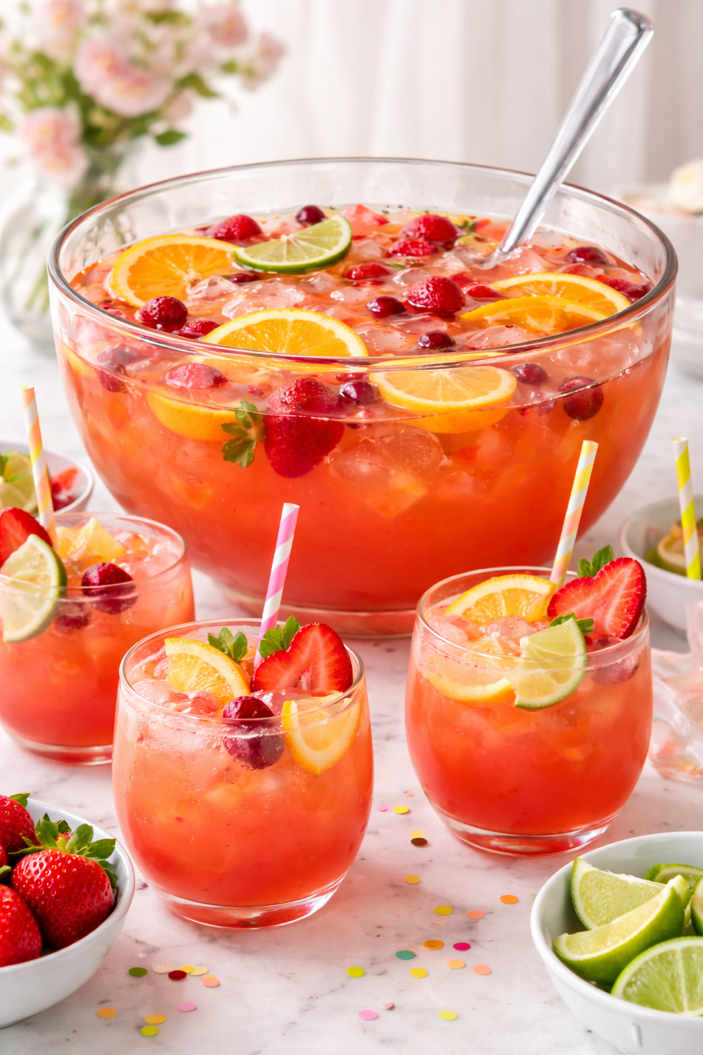 A large glass punch bowl filled with fruit punch containing slices of orange, lime, strawberries, and cherries. Four small glasses with the same fruit punch, garnished with fruit slices and strawberries, are placed around the bowl. There are bowls of strawberries and lime wedges nearby, with colorful confetti scattered on the surface.
