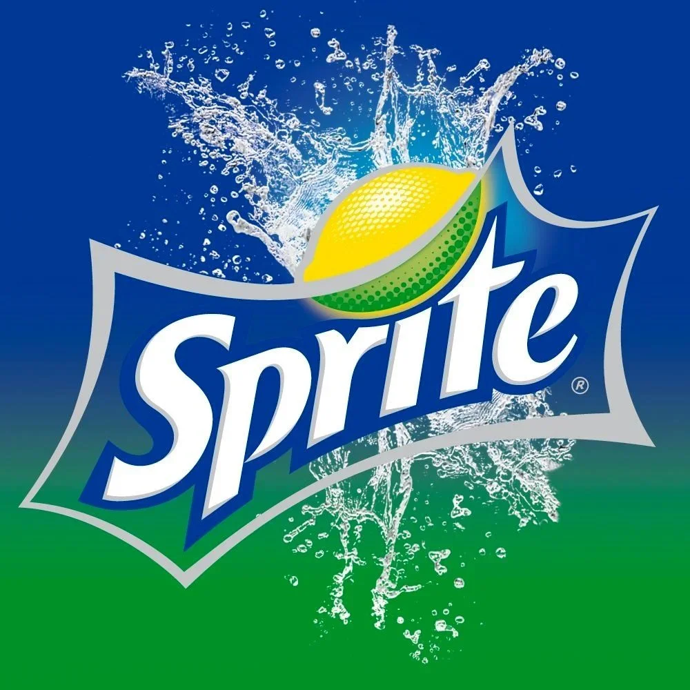 Sprite logo with lemon and lime background, splash of water.