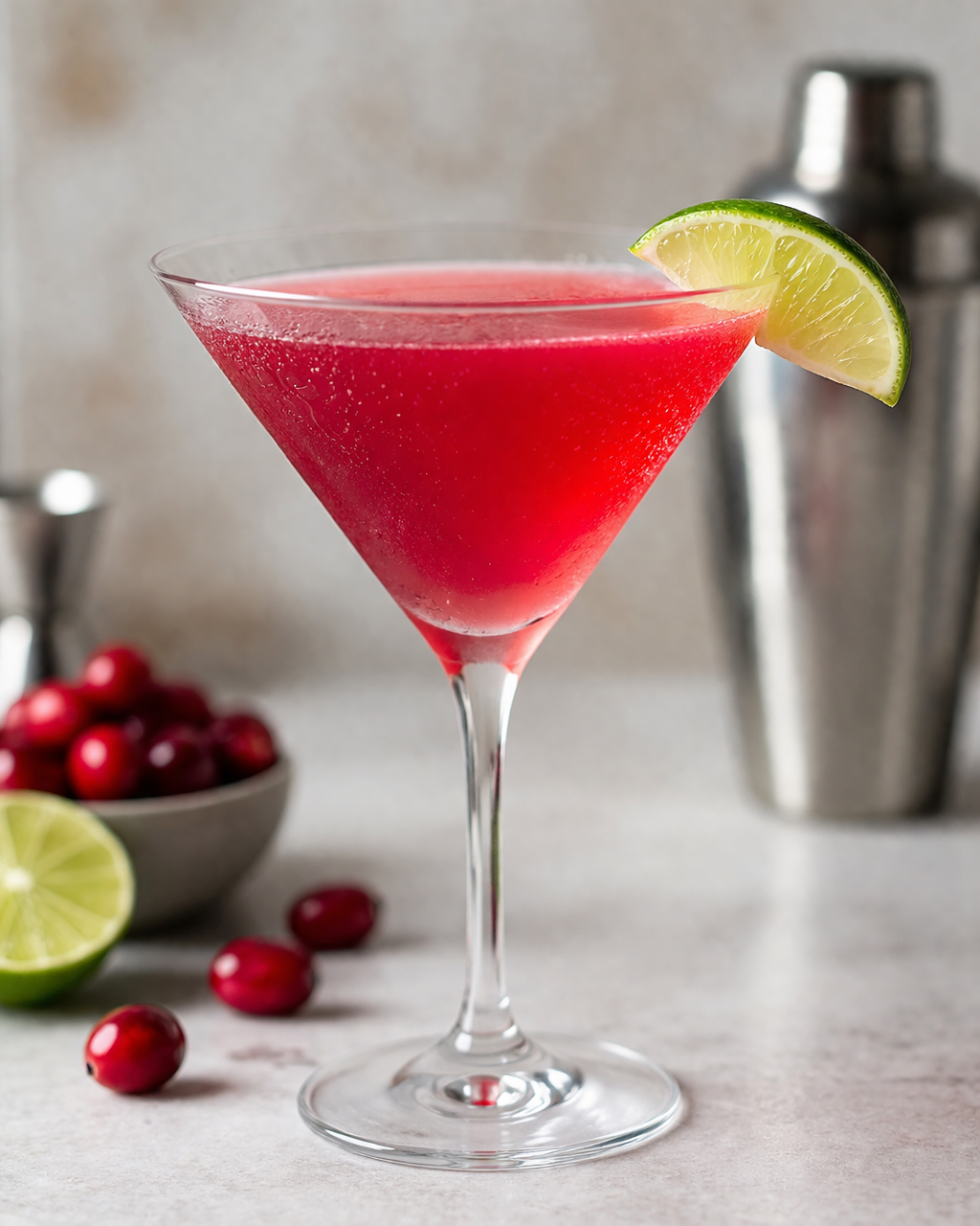 Red cocktail in martini glass with lime wedge garnished on the rim, with cherries and a lime half in the background.