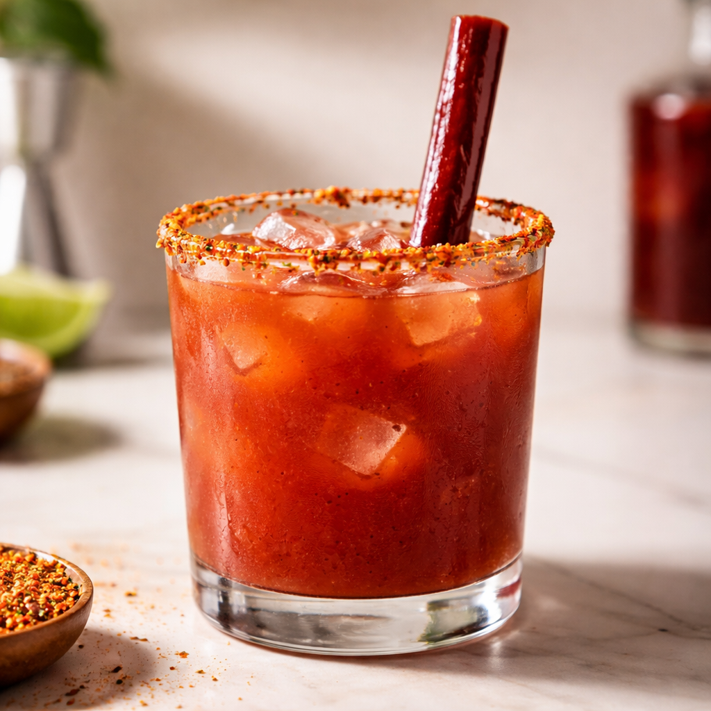 A close-up of a Bloody Mary cocktail in a glass with ice, a chili-lime rim, a thick chili-lime straw, and garnished with spicy seasoning.