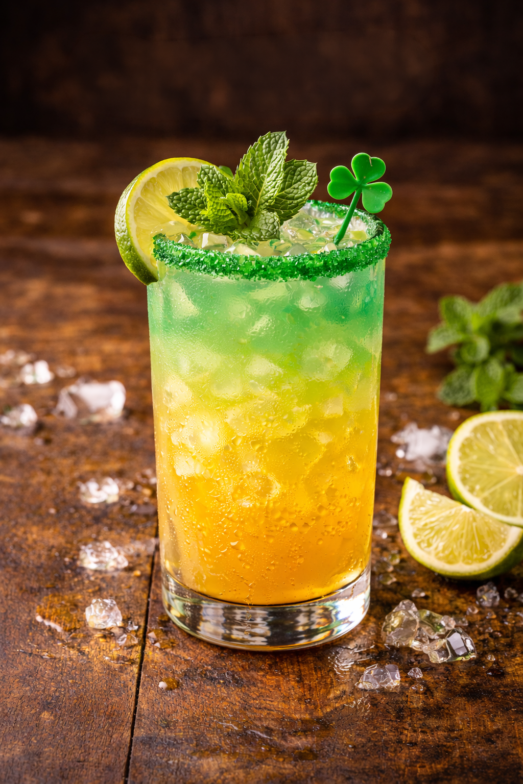 Colorful layered cocktail with lemon wedge, mint sprig, and shamrock stirrer on a wooden surface with ice and lemon slices.