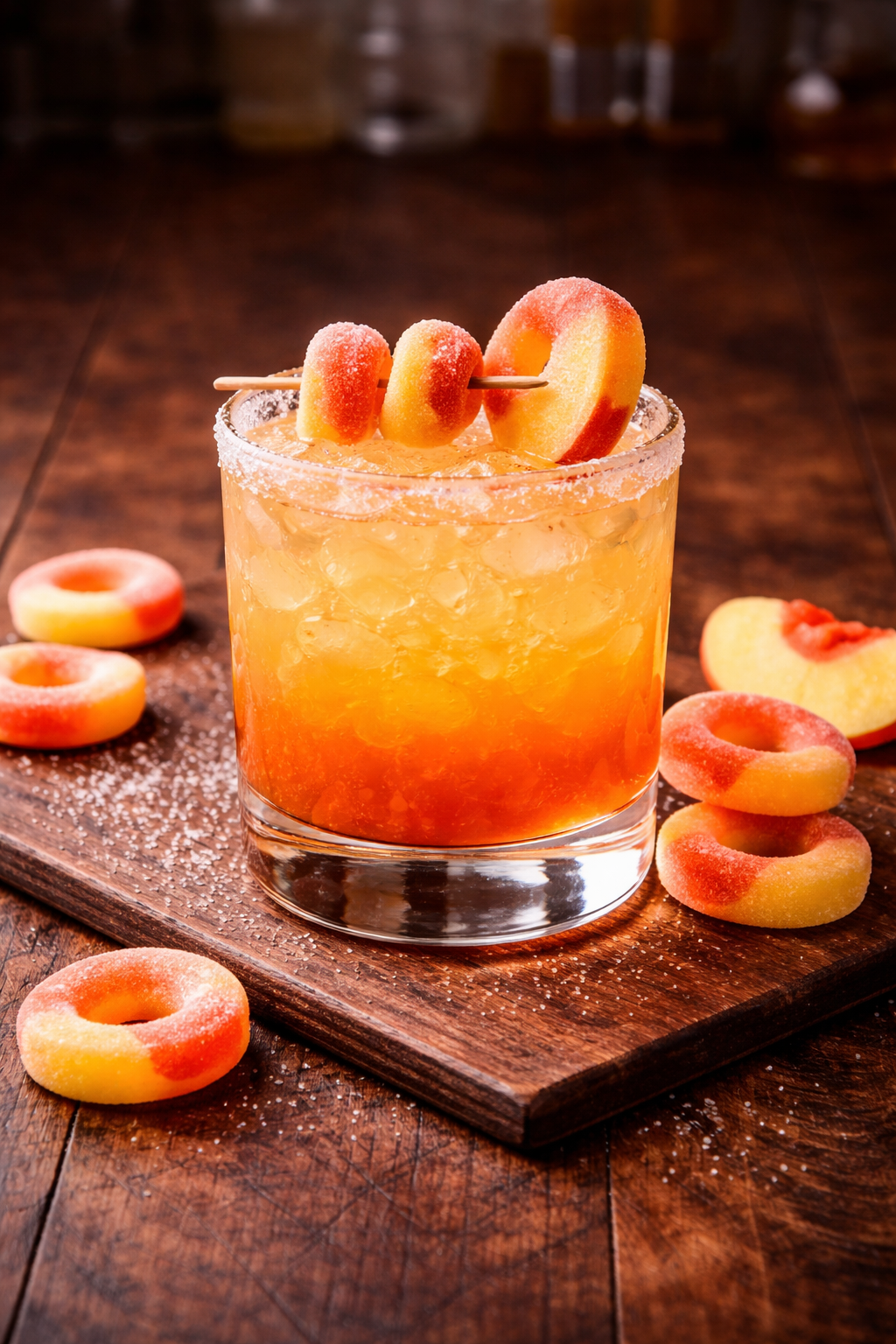 A cocktail garnished with peach rings on a wooden surface, with additional peach rings scattered around.