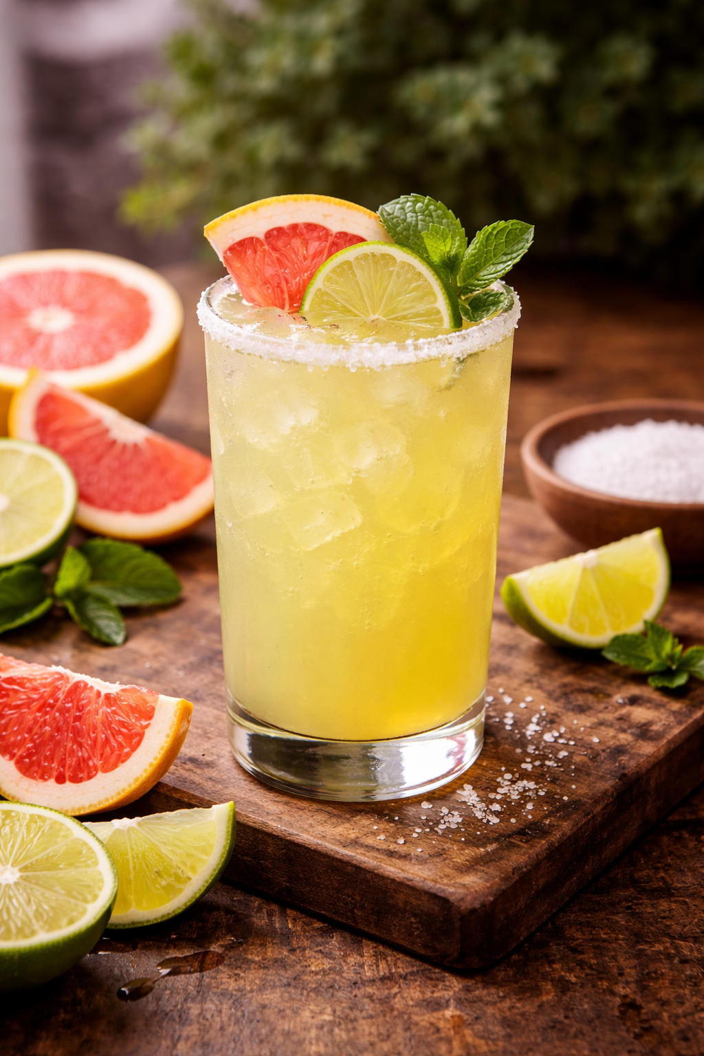 A glass of citrus cocktail garnished with grapefruit, lime, and mint leaves, on a wooden surface surrounded by sliced grapefruit, lime, and salt.