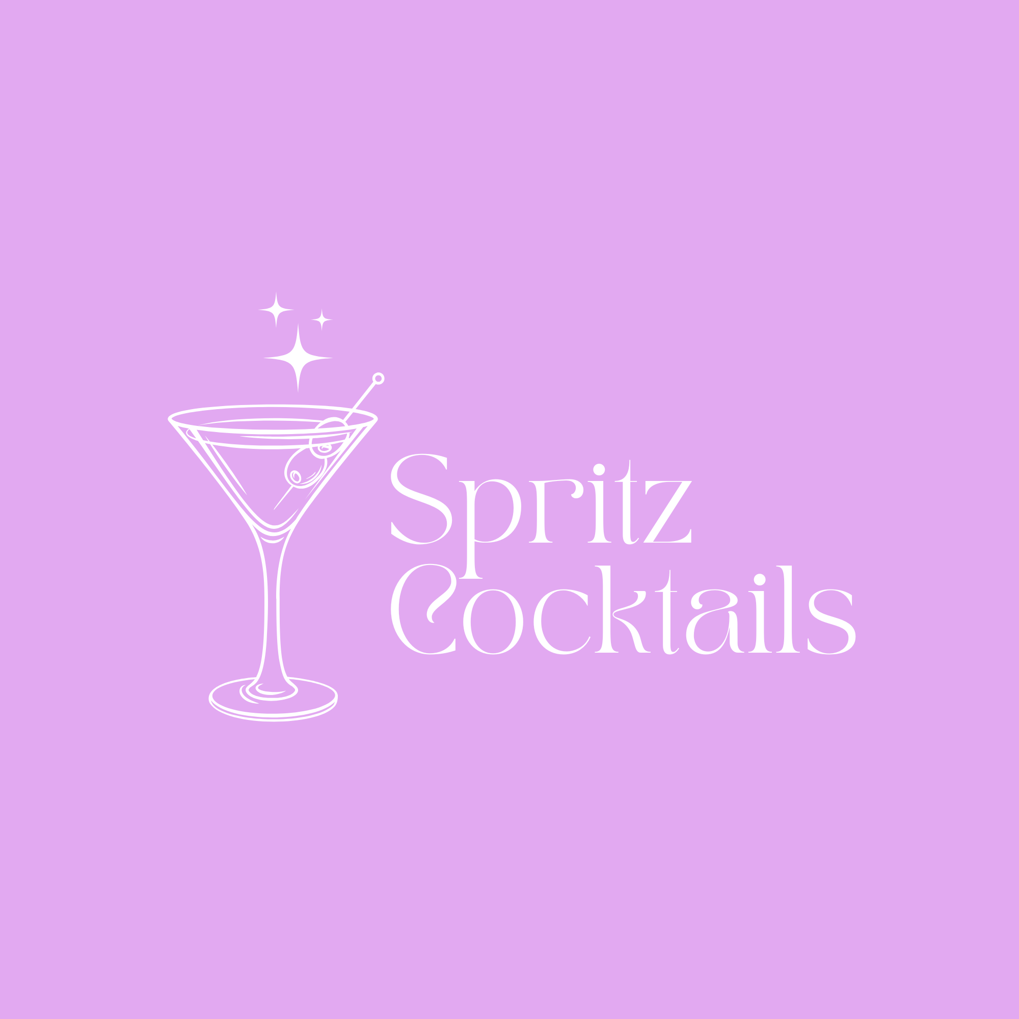 Light purple background with white line drawing of a martini glass with an olive and a cocktail pick, sprinkled with white stars, and the partially visible text 'Spritz Cocktails'.