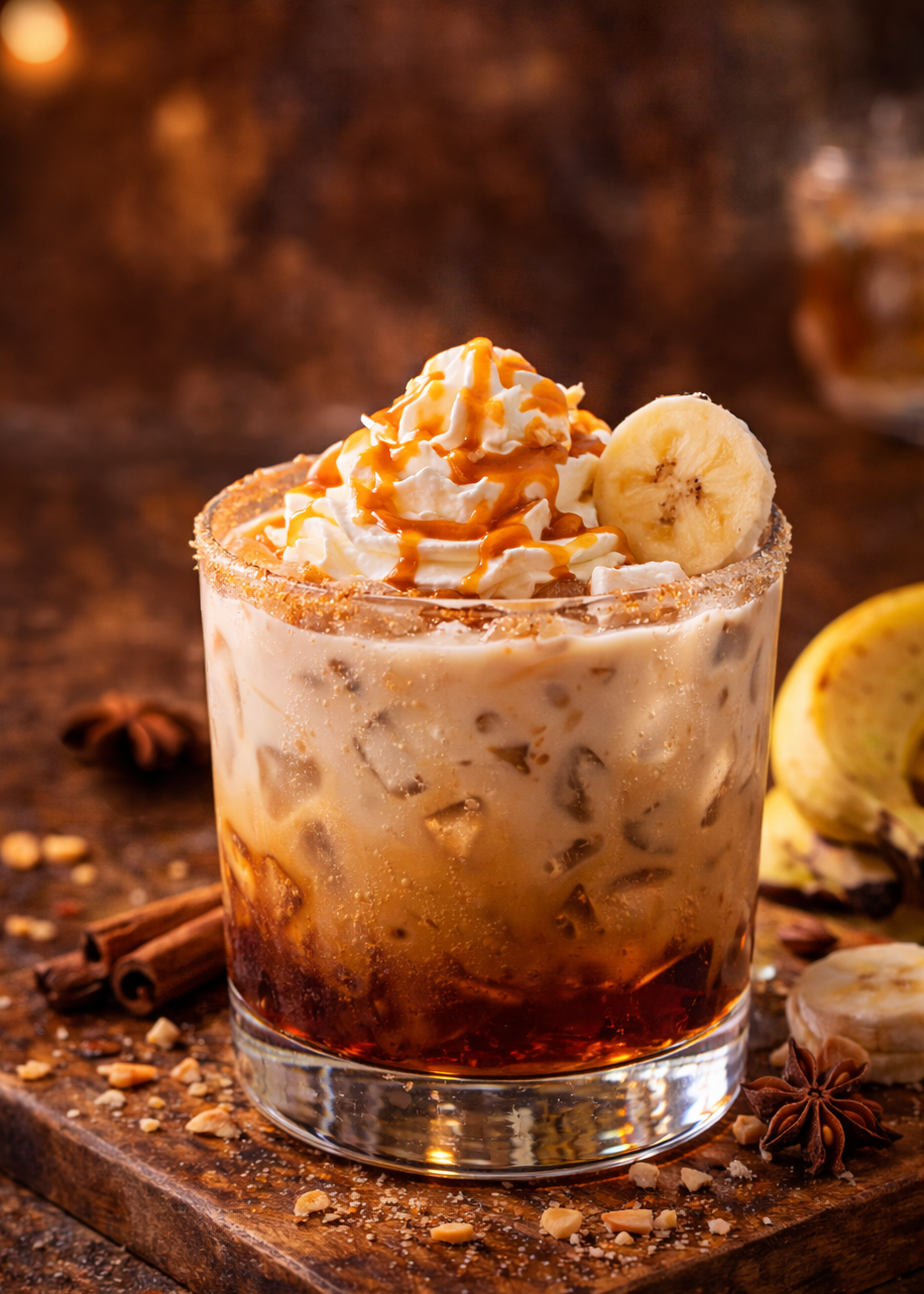 A glass of iced drink topped with whipped cream, caramel drizzle, and a banana slice, with cinnamon sticks and chopped nuts on a wooden surface.