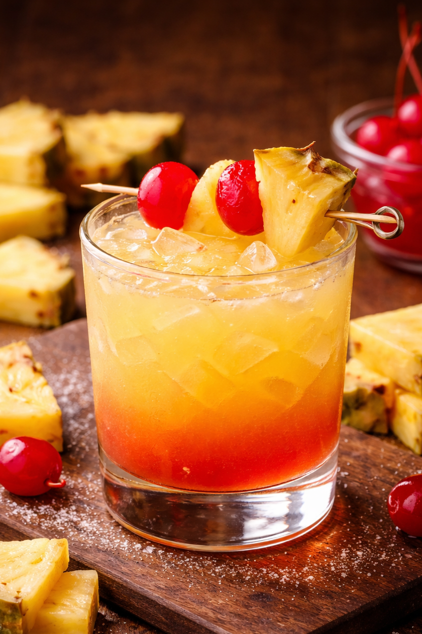 A colorful pineapple cocktail in a glass with ice, garnished with pineapple chunks, maraschino cherries, and a pineapple wedge, served on a wooden surface with additional pineapple slices, cherries, and a cherry bowl in the background.