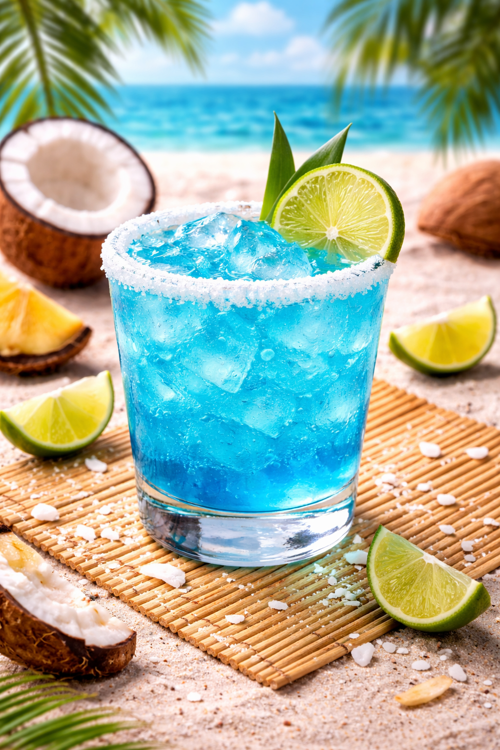Blue cocktail with lime slices and pineapple leaves on a beach with coconuts and lime wedges surrounding it.