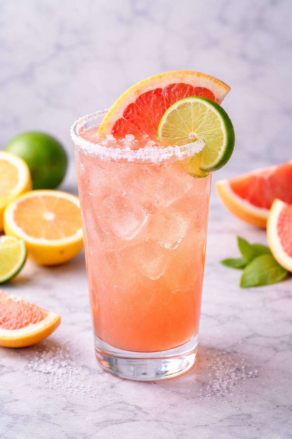 A pink grapefruit cocktail in a tall glass with ice, garnished with slices of lemon, lime, and grapefruit, with salt on the rim, and other citrus fruits in the background.