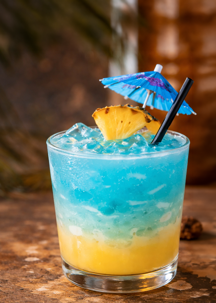 A colorful tropical cocktail in a glass with a layered yellow, green, and blue gradient, garnished with a pineapple wedge, a small blue paper umbrella, and a black straw, set on a wooden surface.