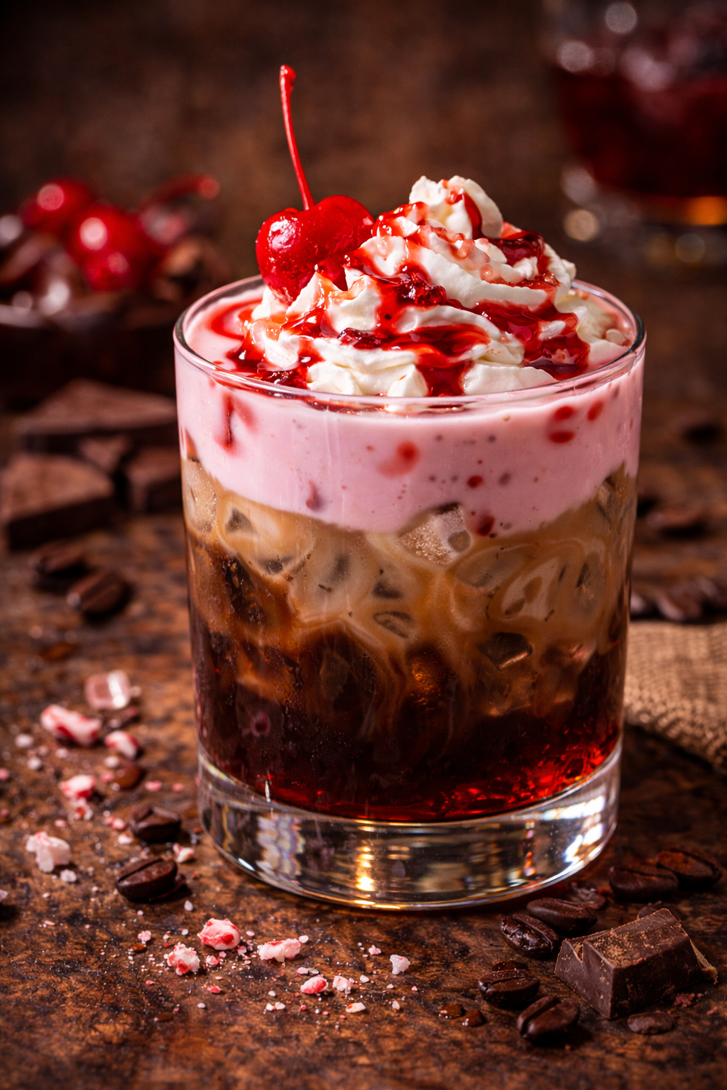 A glass of iced coffee topped with whipped cream, red syrup, and a cherry, on a rustic wooden surface with chocolate chips and peppermint candies scattered around.
