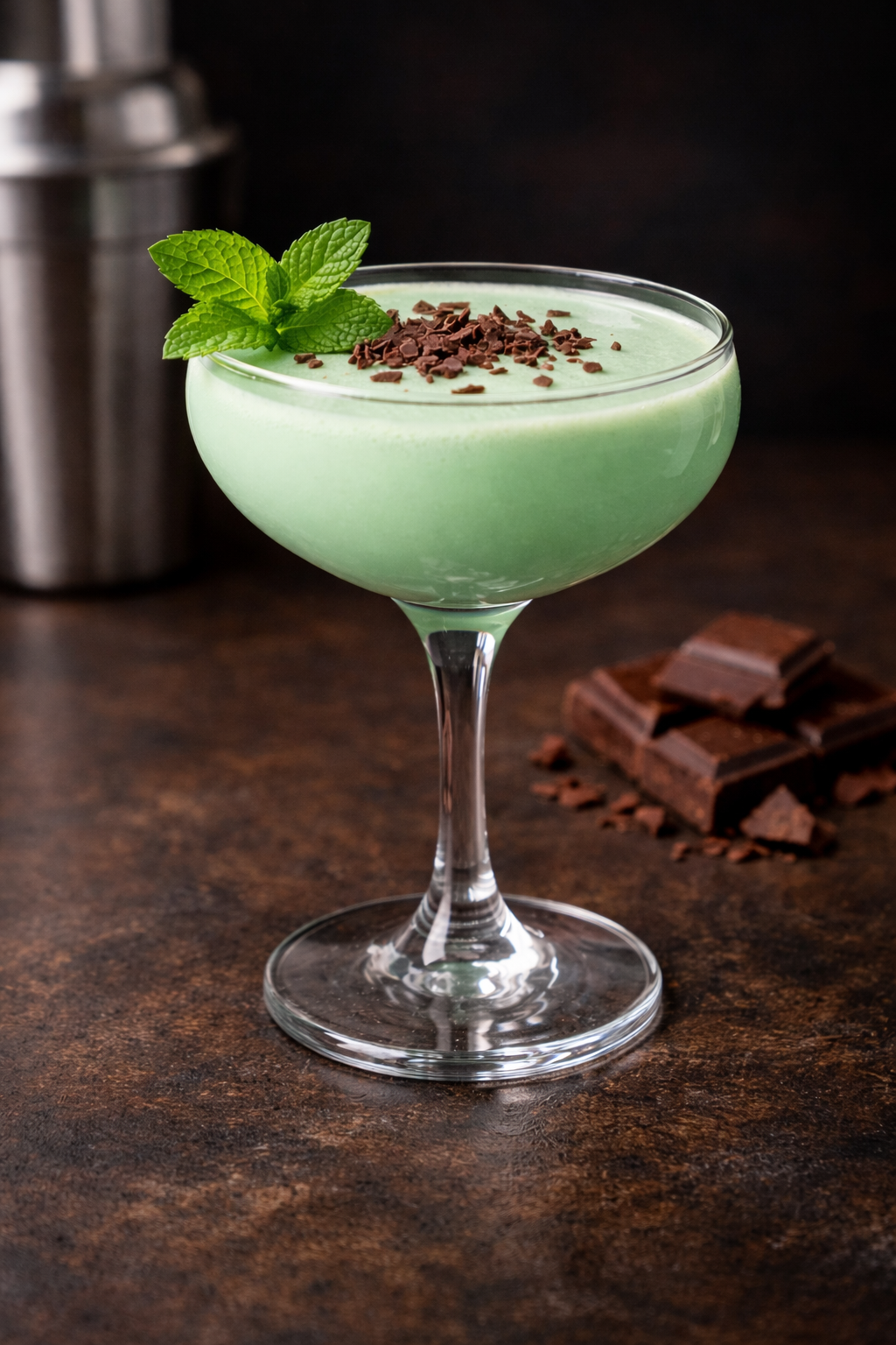 A green cocktail garnished with a sprig of mint and chocolate shavings in a coupe glass, with chocolate bars and a coffee grinder in the background.