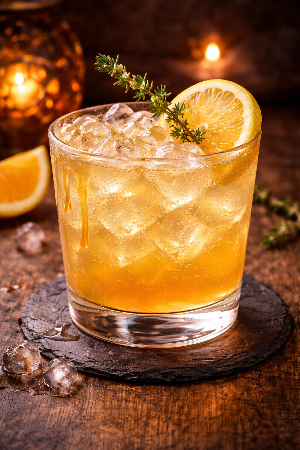 A glass of iced lemonade garnished with a lemon slice and a sprig of thyme, sitting on a wooden surface with additional lemon wedges and blurred warm lights in the background.