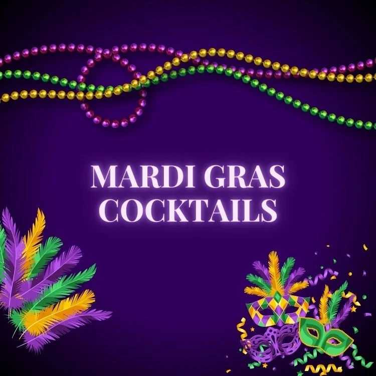 Colorful Mardi Gras celebration with beads, feathers, and masks against a purple background.