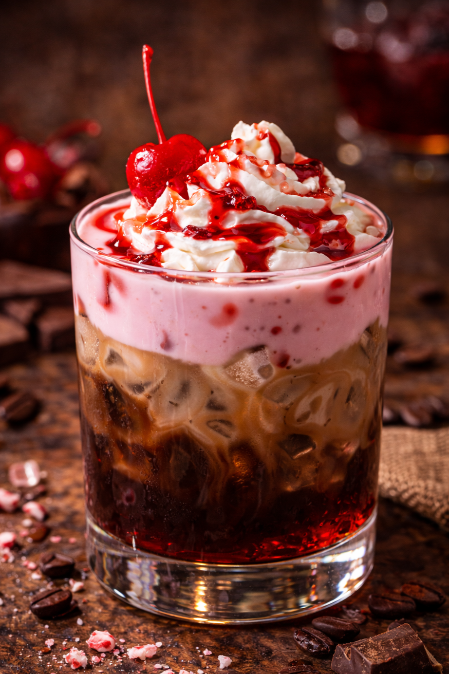 A glass of iced coffee topped with whipped cream, cherry, and red syrup drizzle, on a wooden surface with scattered chocolate and peppermint candies.