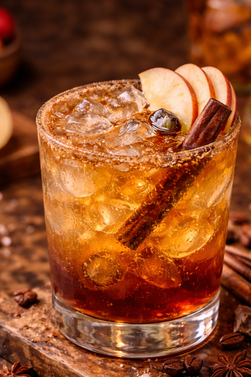 A glass of iced caramel apple cocktail garnished with apple slices, a cinnamon stick, and an ice cube.