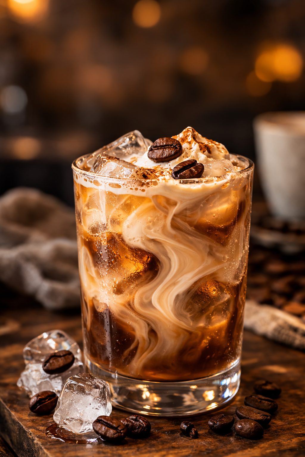 A glass of iced coffee with swirls of cream, topped with whipped cream, coffee beans, and cocoa powder, with ice cubes and coffee beans around it.