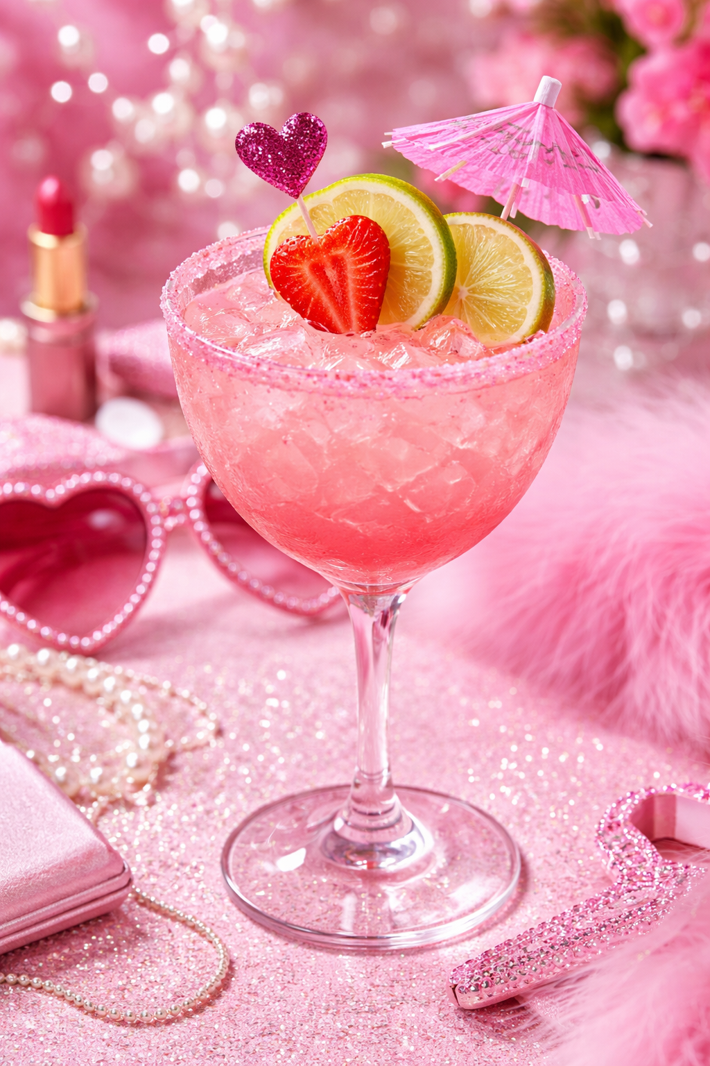 Pink cocktail garnished with lemon slices, a strawberry, and a pink glittery heart pick, served in a stemmed glass with a pink paper umbrella, surrounded by accessories and pink decorations.