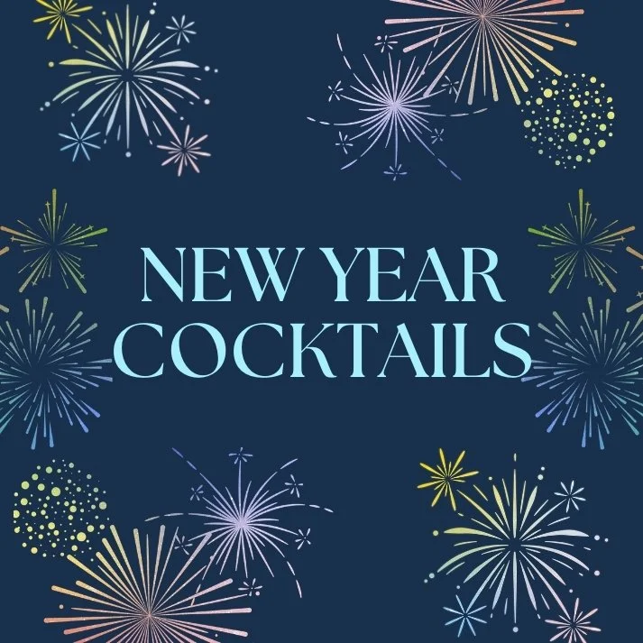 Celebratory fireworks display with the text 'New Year Cocktails' on a dark background.