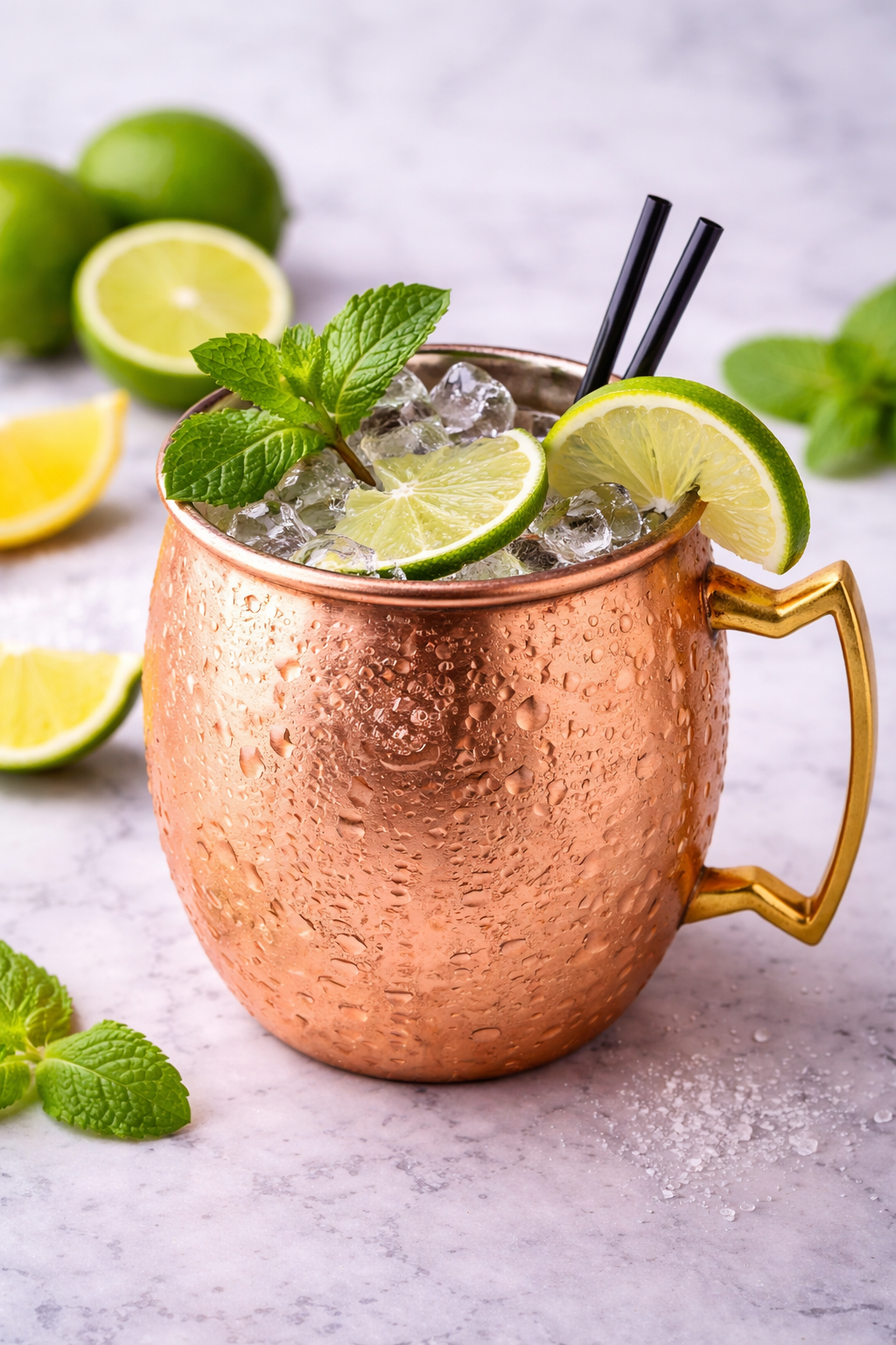 A copper mug filled with ice and garnished with lime slices, mint leaves, and two black straws. There are additional lime slices and whole limes in the background, with a marble surface underneath.