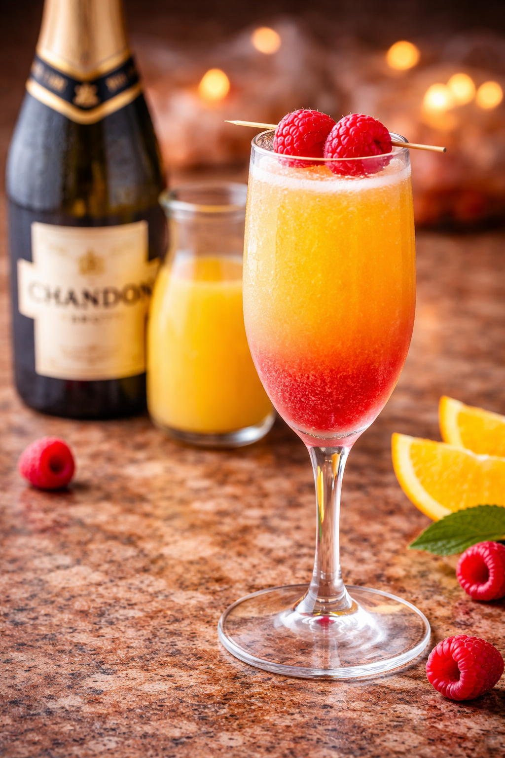 A colorful layered cocktail garnished with raspberries on a skewer, placed on a granite countertop with lemon wedges, raspberries, and a bottle of champagne in the background.