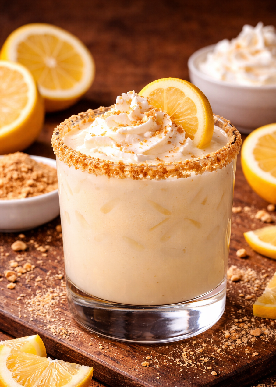 A glass of lemon dessert topped with whipped cream and lemon slices, surrounded by lemon halves and crumbled cookies on a wooden surface.