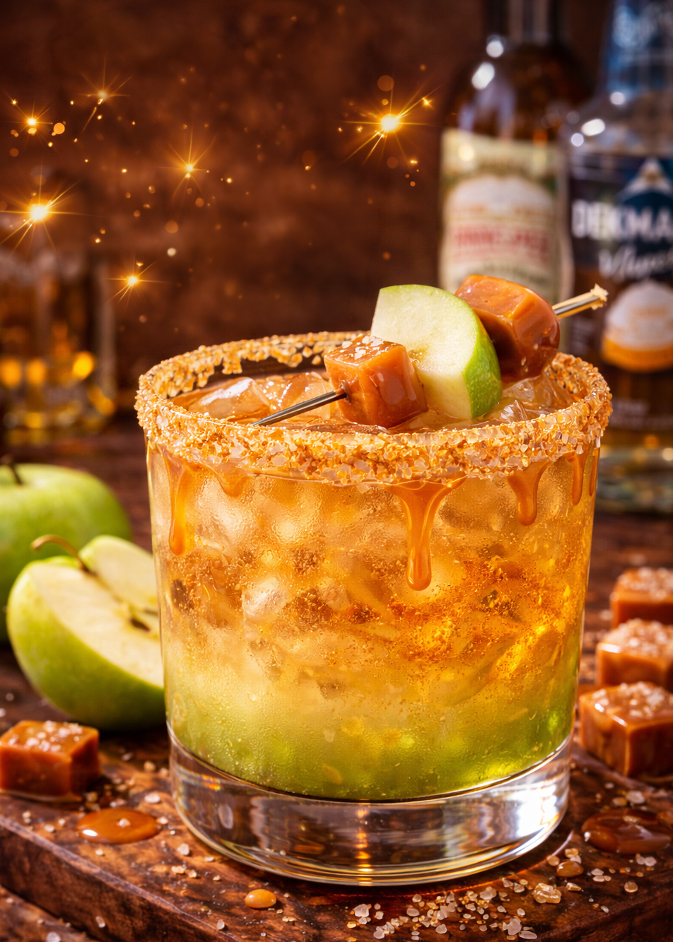 A glass of caramel apple cocktail garnished with caramel cubes and a green apple slice, with apple and caramel pieces on a wooden surface.