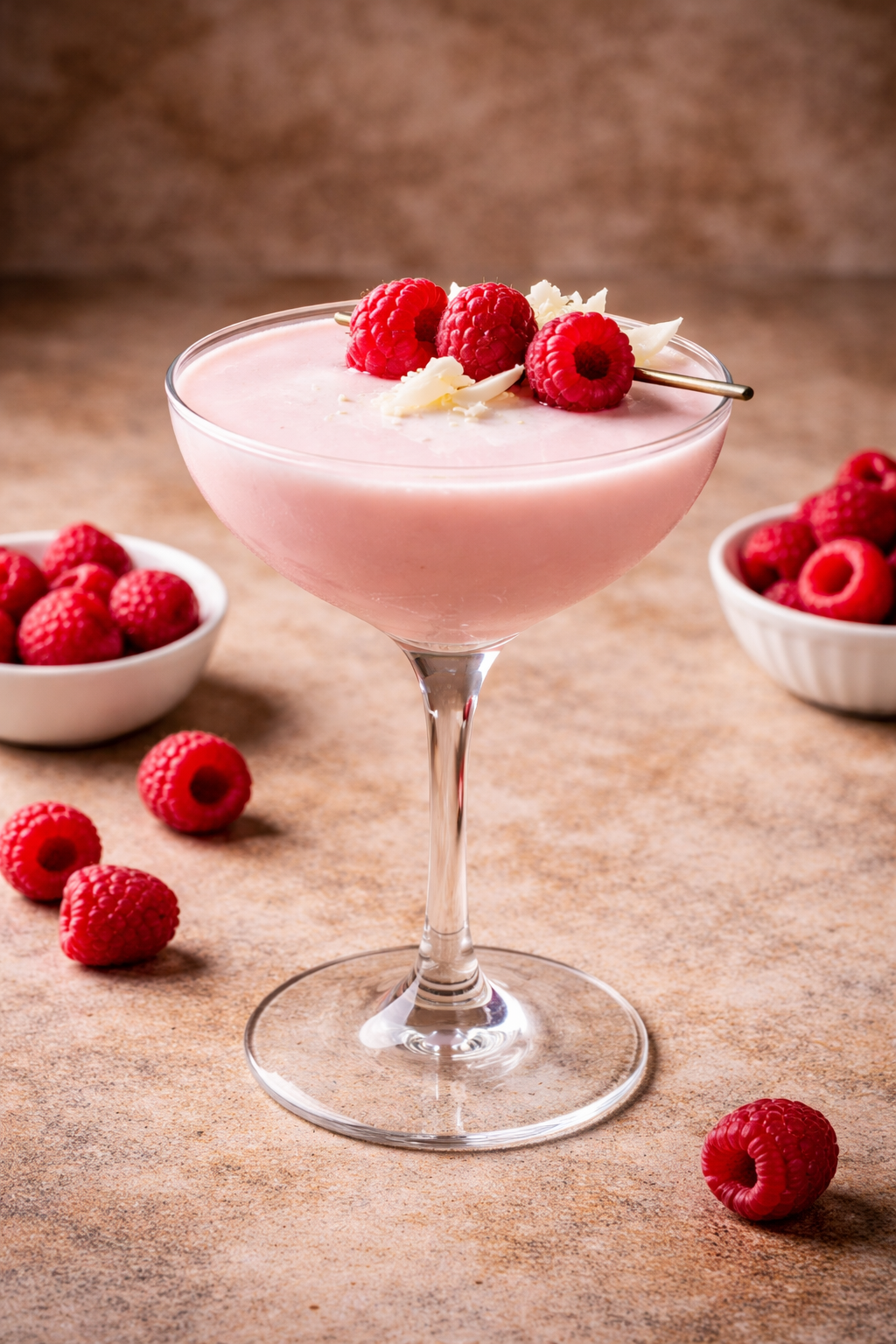 A pink raspberry cocktail in a martini glass garnished with fresh raspberries and white chocolate shavings. Two bowls of raspberries are in the background, with additional raspberries scattered on the surface.