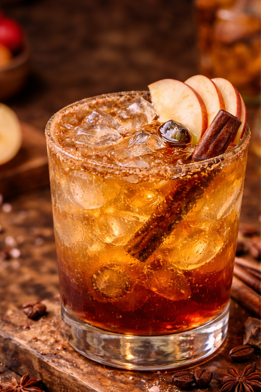 A glass of iced caramel apple cocktail garnished with apple slices, a cinnamon stick, and star anise on a wooden surface.