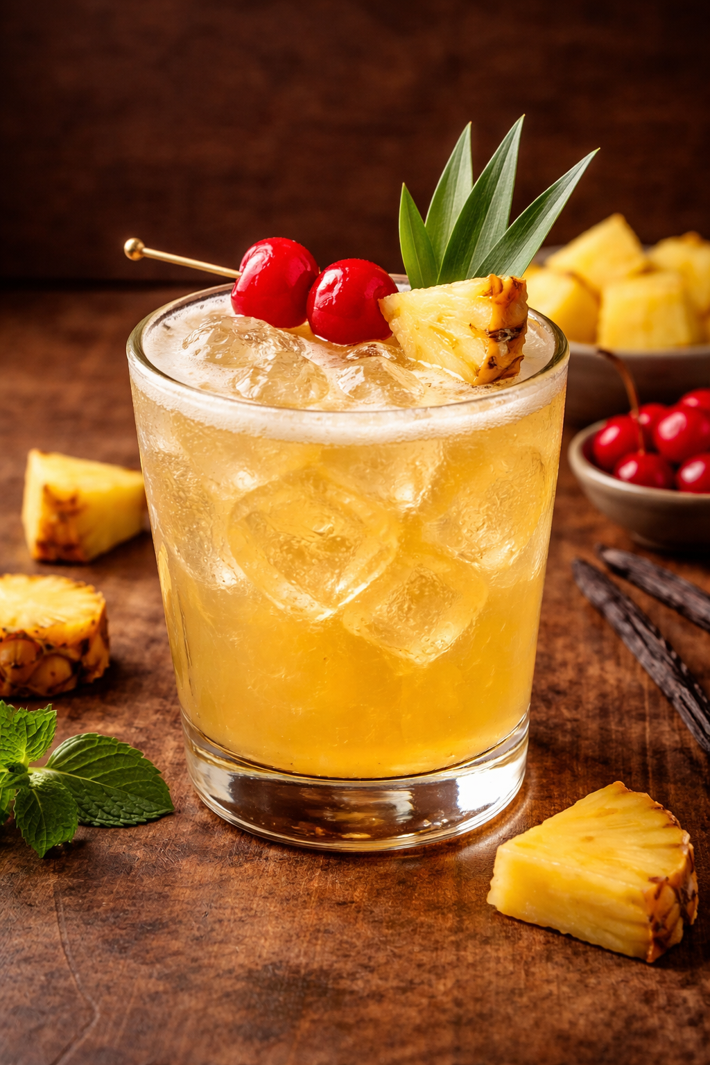 A tropical cocktail with ice cubes, garnished with a pineapple slice, two maraschino cherries, and green leaves, served in a glass on a wooden surface with pineapple chunks and cherries in the background.