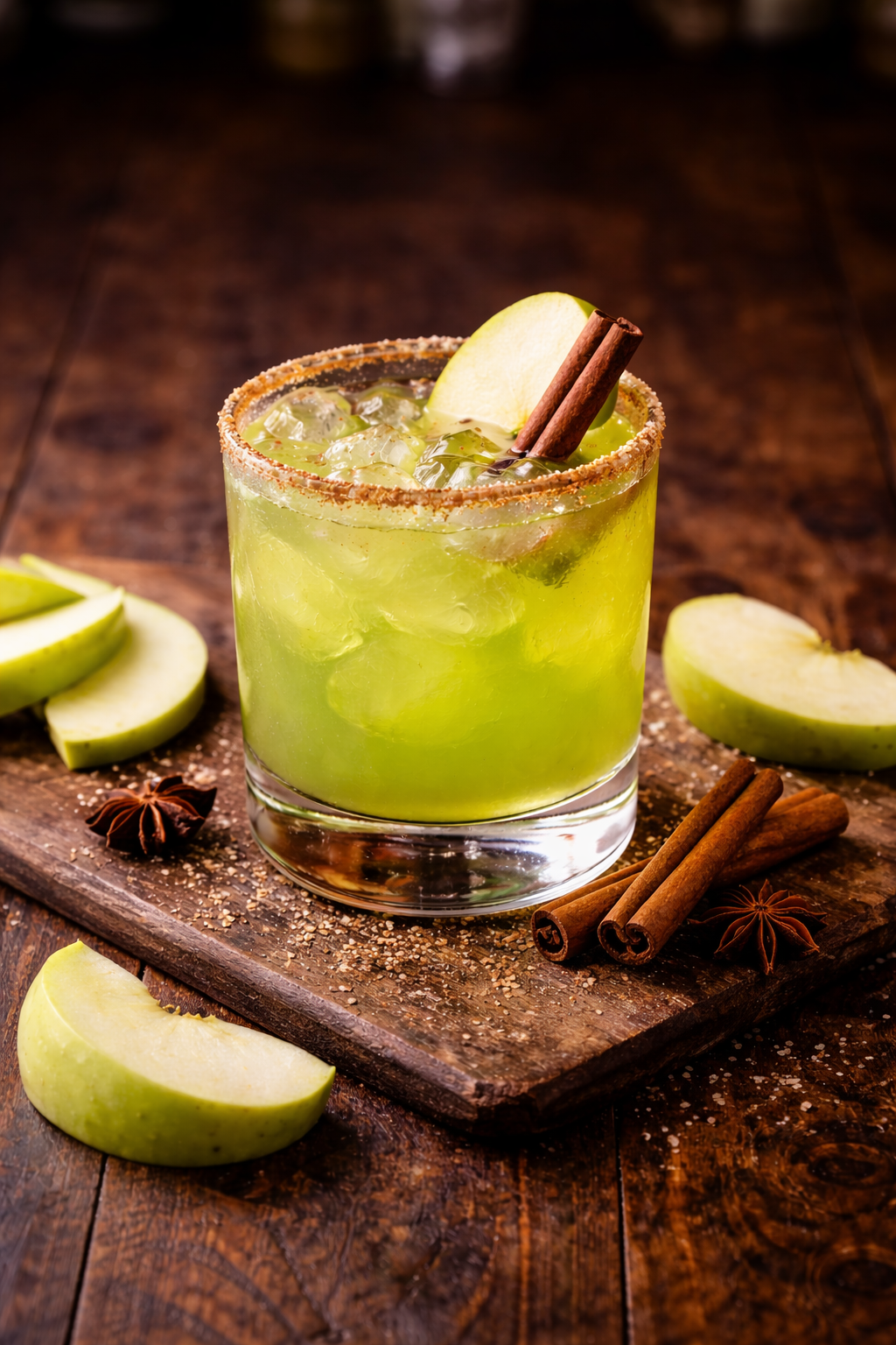 A glass of green apple cocktail garnished with a cinnamon stick and apple slice, with a salted rim, on a wooden surface surrounded by apple slices, cinnamon sticks, star anise, and sugar.