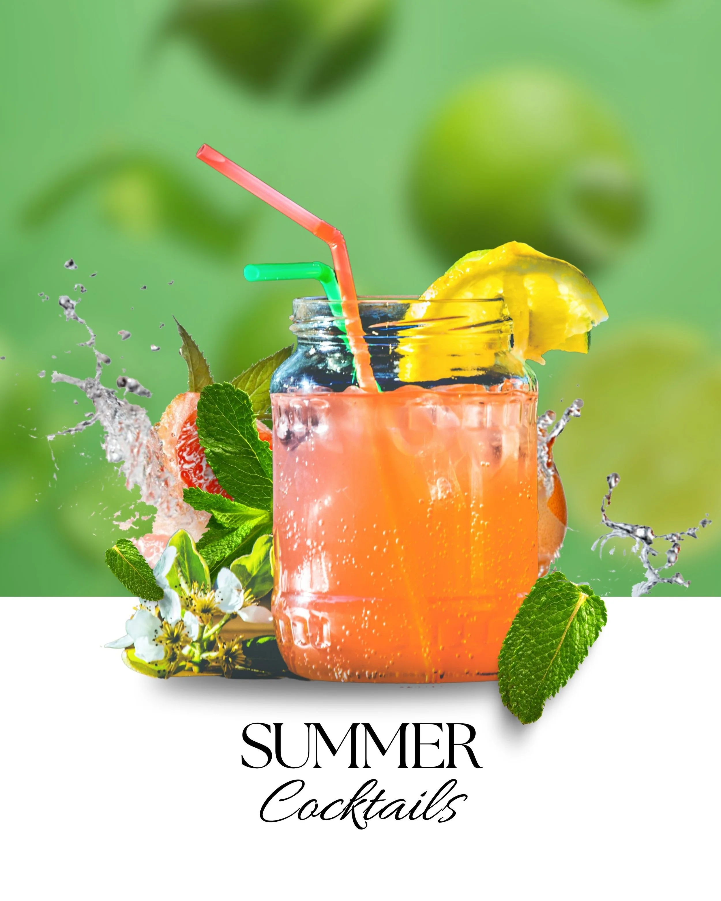 A glass jar filled with a pink summer cocktail garnished with a lemon wedge, surrounded by fresh mint, strawberries, and white flowers, with splashes of liquid and a green blurred background.