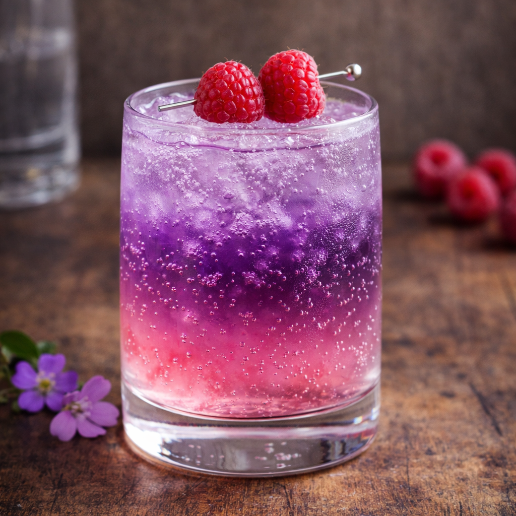 Colorful bottled soda with purple, pink, and clear layers garnished with two raspberries on top, on a rustic wooden surface with blurred raspberries and flowers in the background.