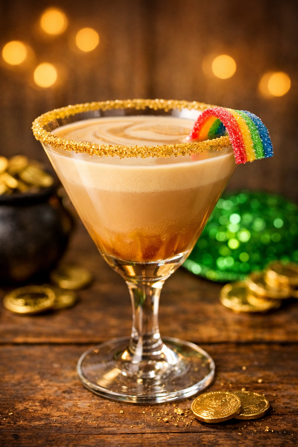 A festive cocktail in a martini glass with a gold sugar rim and a rainbow gummy candy decoration, surrounded by gold coins and blurred colorful decorations in the background.