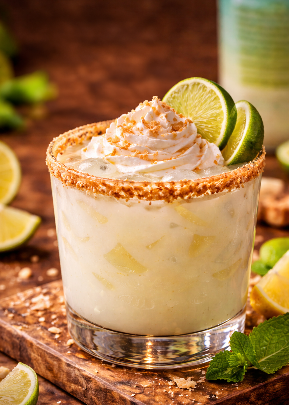 A glass of creamy lime cocktail topped with whipped cream and garnished with lime slices, with sugar-rimmed glass and scattered lemon and mint leaves on a wooden surface.