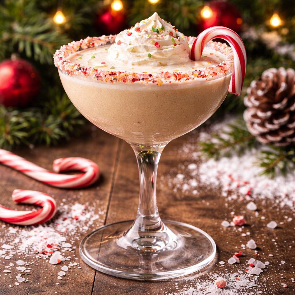 A festive holiday cocktail topped with whipped cream, a candy cane, and colorful sprinkles, with Christmas decorations and candy canes in the background.