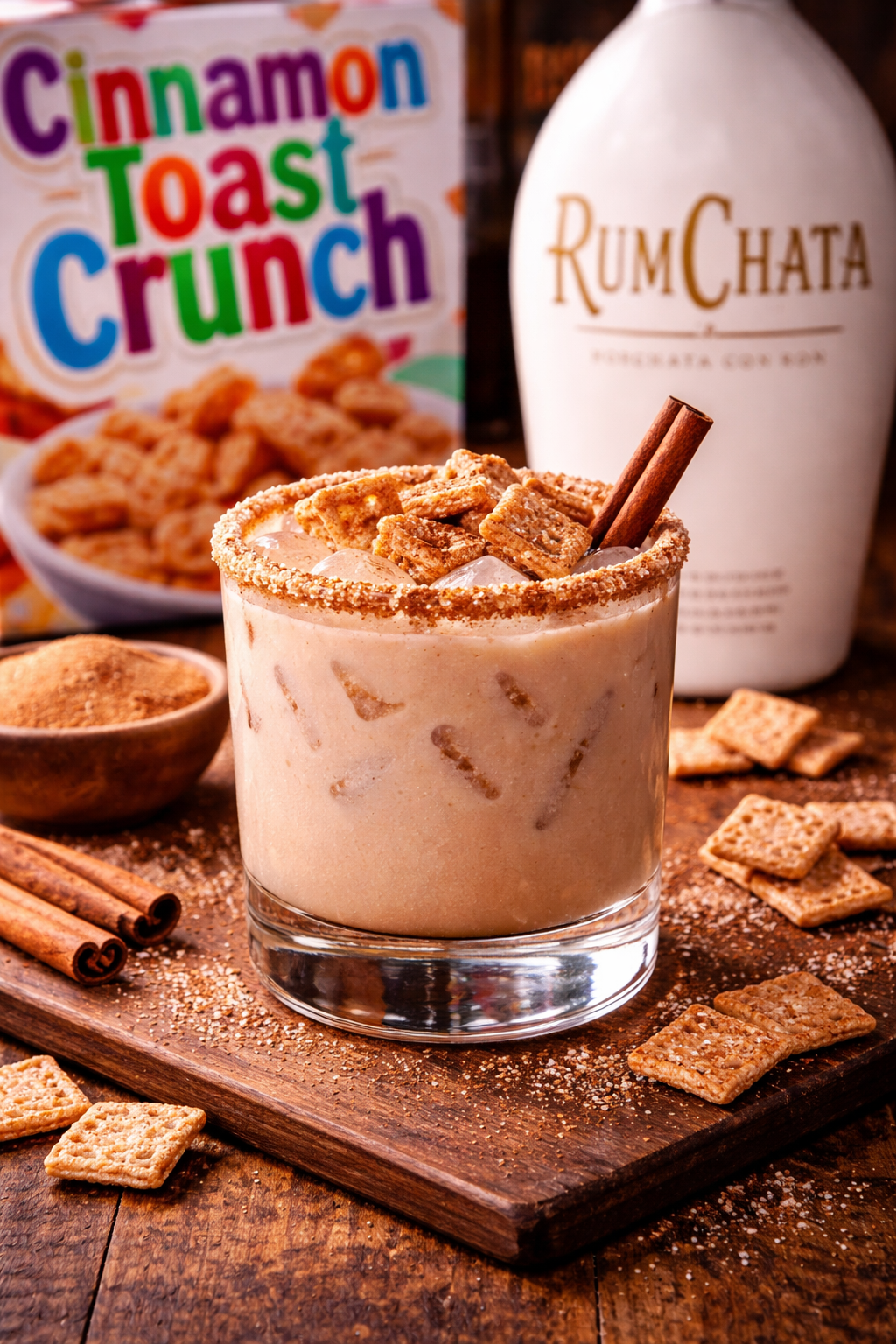 A cinnamon toast crunch flavored drink with ice, sprinkled with cinnamon and sugar, garnished with cinnamon sticks and cereal pieces, on a wooden board. In the background, there is a box of Cinnamon Toast Crunch cereal and a bottle of RumChata cream 