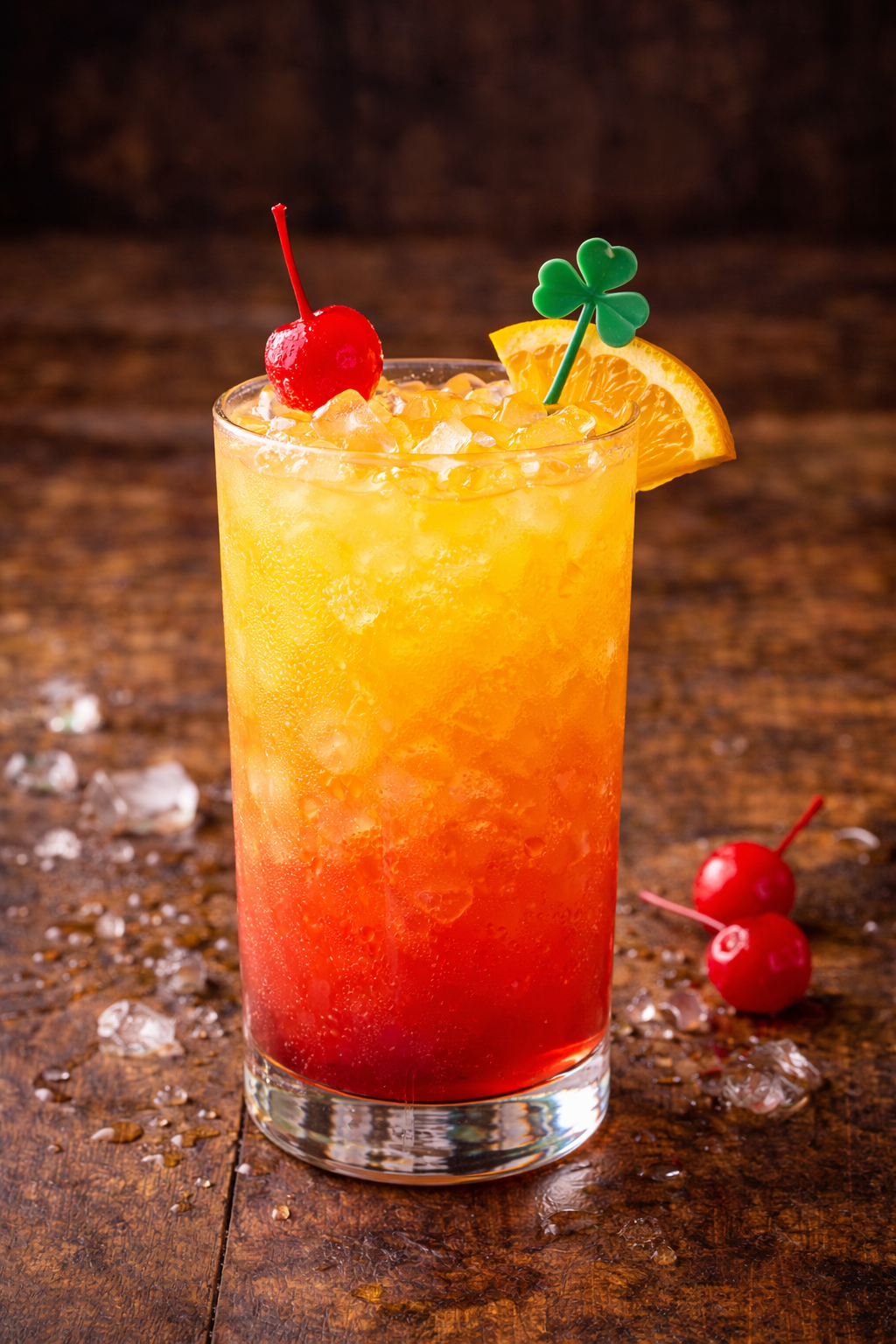 A tall glass of layered colorful cocktail with ice, garnished with a cherry, an orange slice, and a shamrock stirrer, on a wooden surface with scattered cherries and ice