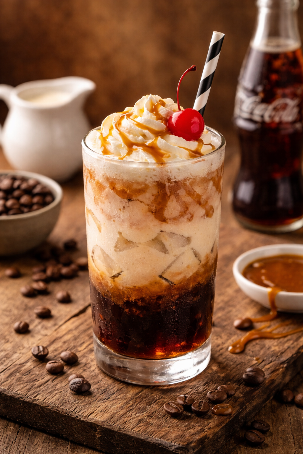 A tall glass of iced coffee topped with whipped cream, caramel drizzle, and a maraschino cherry, with a striped straw, on a rustic wooden surface surrounded by coffee beans, a small bowl of coffee, and a bottle of Coca-Cola in the background.