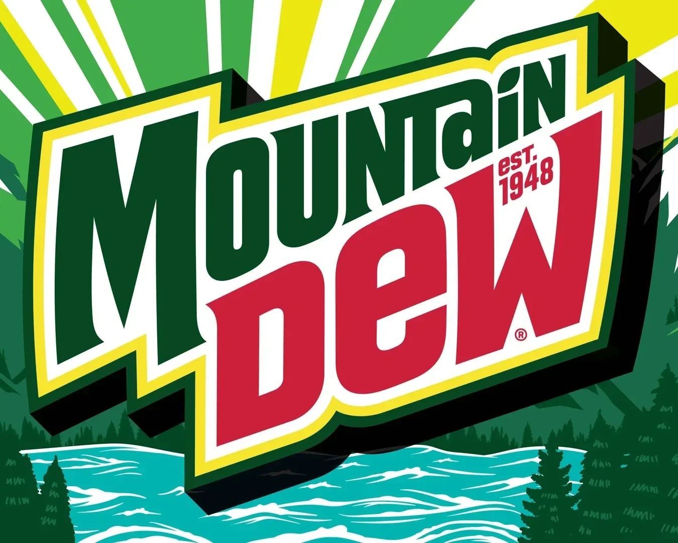 Mountain Dew logo with green and red text, a yellow outline, and a background of mountains and trees.