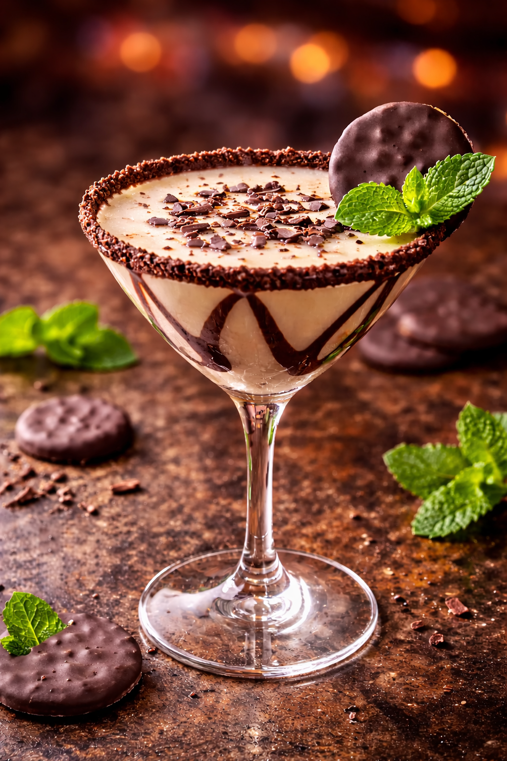 A dessert cocktail in a martini glass with chocolate shavings, a chocolate coin, and fresh mint leaves on top, set on a rustic surface surrounded by chocolate cookies and mint sprigs.