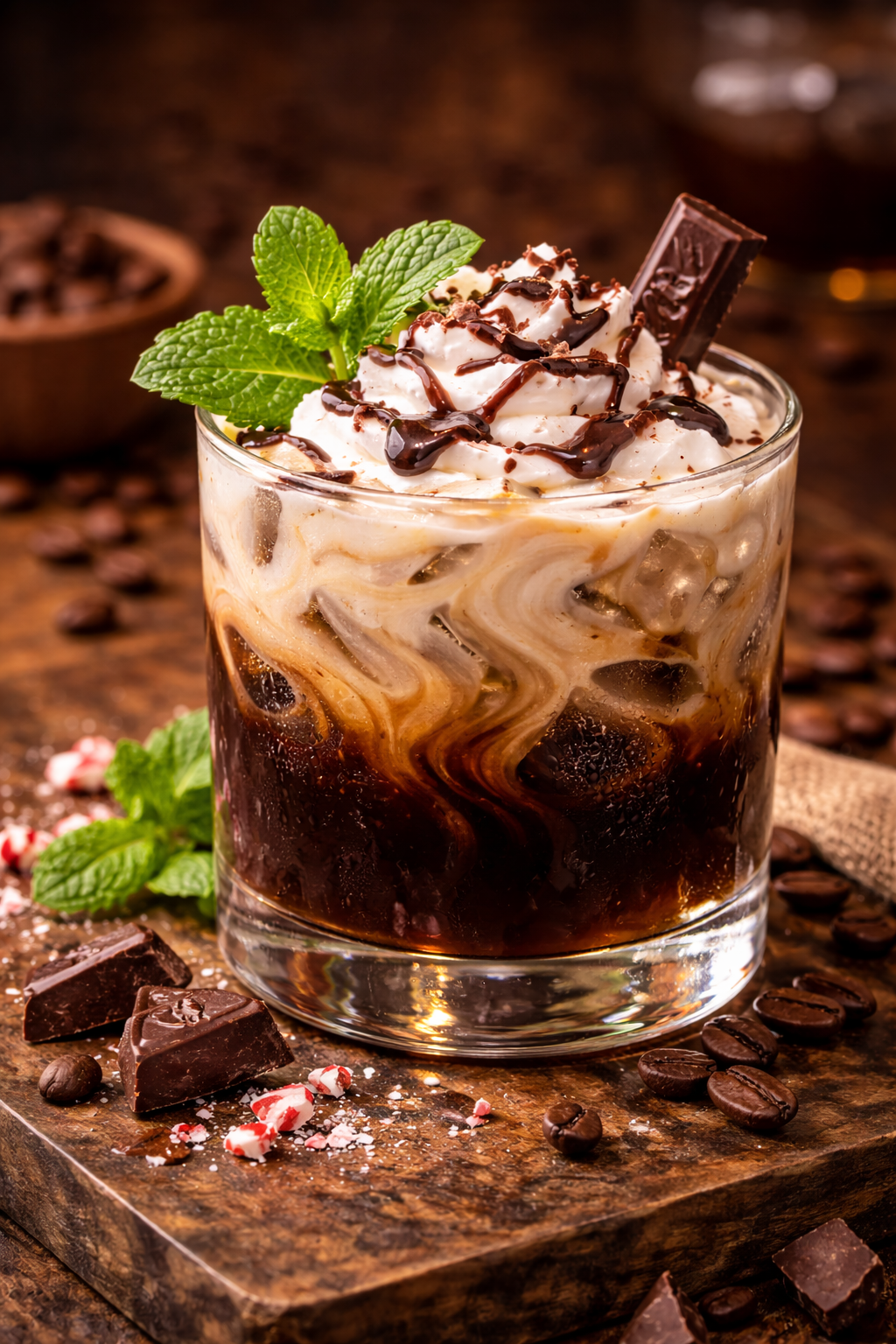 A glass of iced coffee topped with whipped cream, chocolate drizzle, a chocolate piece, and mint leaves, with chocolate chunks, peppermint candies, and coffee beans surrounding it on a wooden surface.