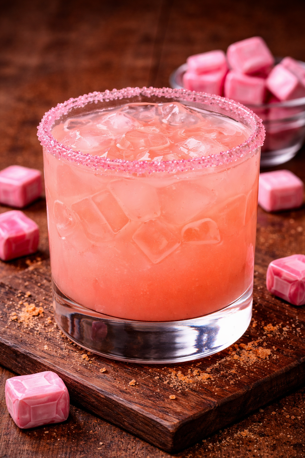 A pink cocktail with ice cubes in a glass with a sugared rim, surrounded by pink and white striped candies on a wooden surface.