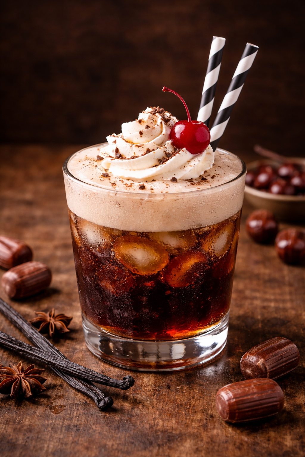 A glass of iced cola topped with whipped cream, chocolate shavings, and a maraschino cherry, with two striped paper straws, on a wooden surface surrounded by vanilla beans, star anise, and chestnuts.