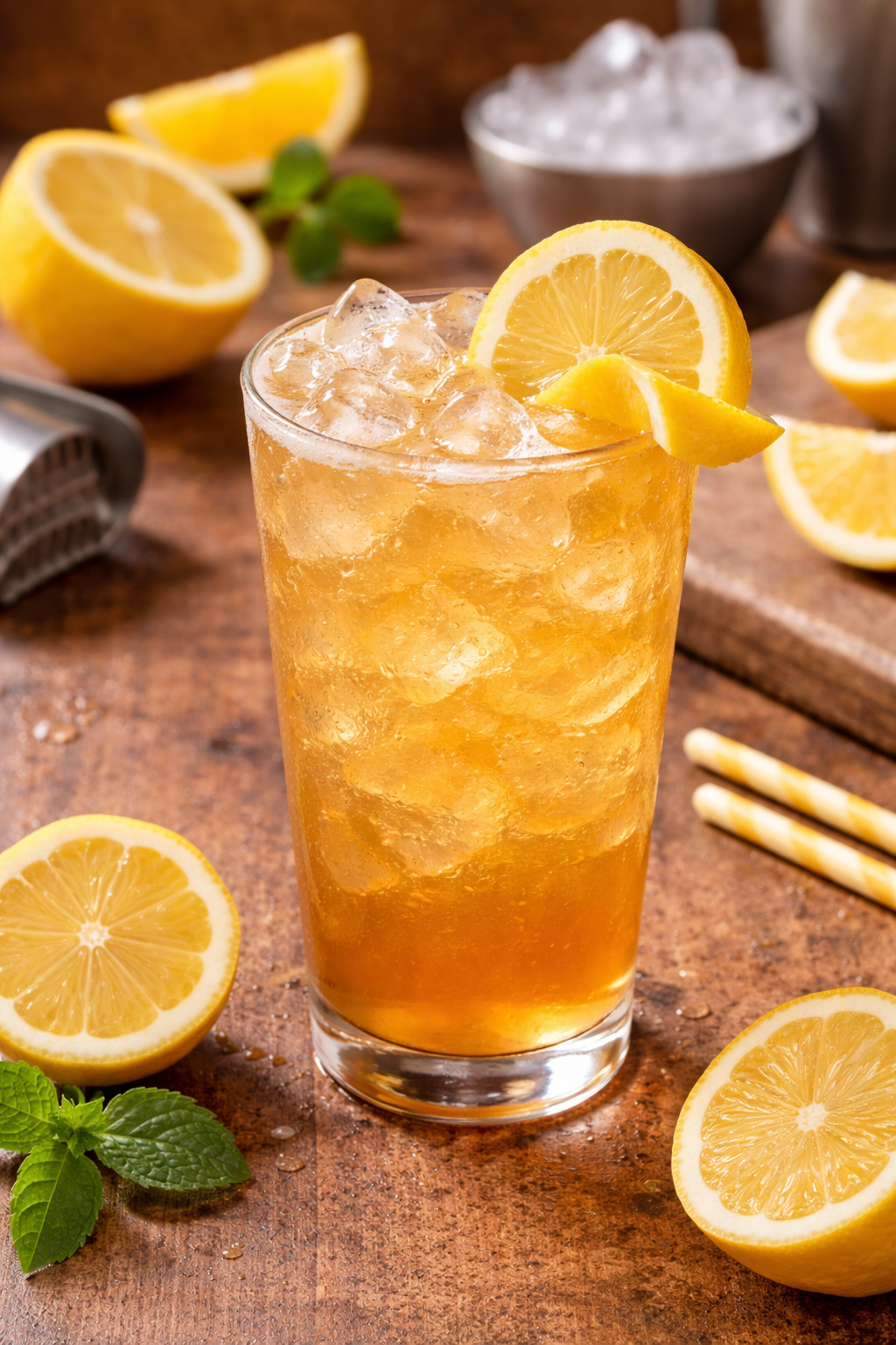 A tall glass of iced lemon tea garnished with lemon slices, with additional lemon wedges and fresh mint leaves on a rustic wooden surface, and a bowl of ice and a lemon juicer in the background.