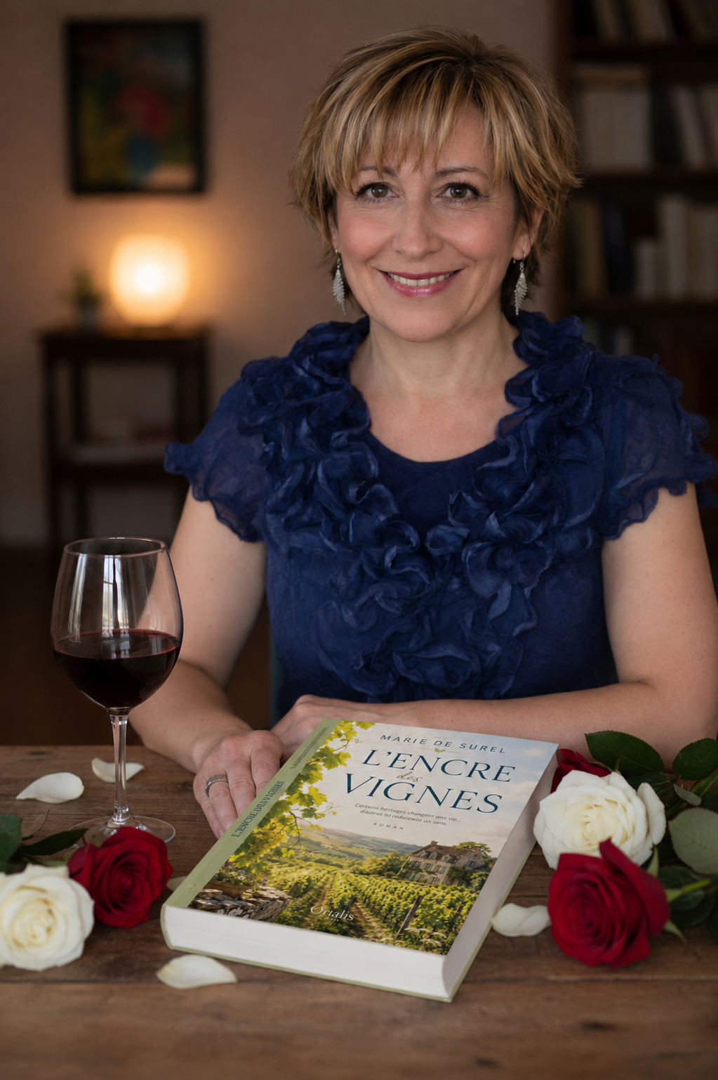 Une femme assise à une table avec un verre de vin rouge, un livre intitulé 'L'encre des vignes' de Marie de Surel, et des roses rouges et blanches, dans une pièce chaleureuse.