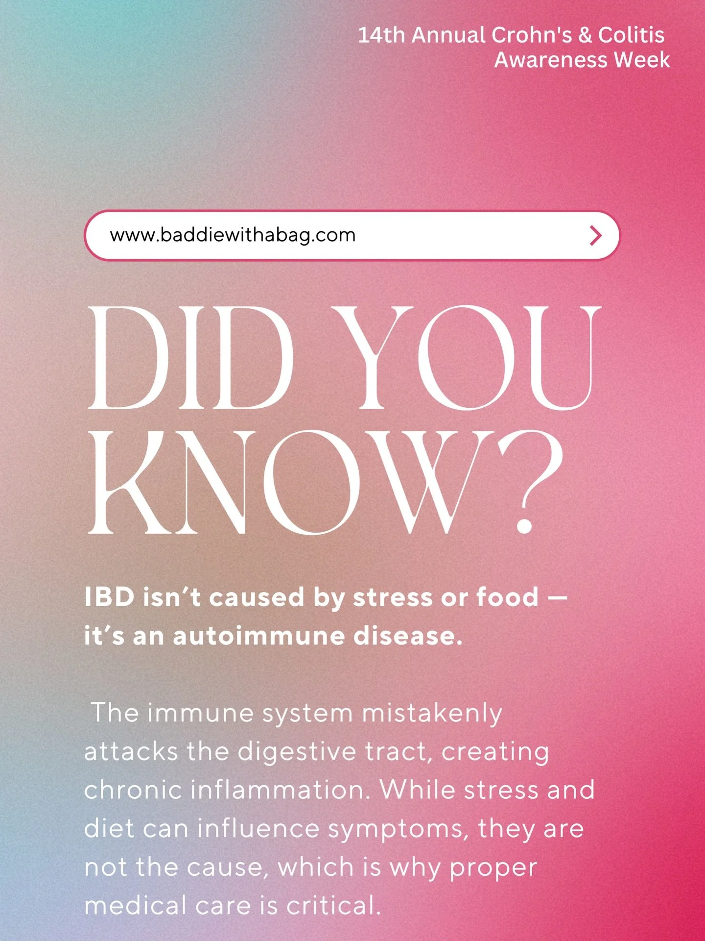 💡 Did you know?
Over 3 million people in the U.S. live with Crohn&rsquo;s disease or ulcerative colitis, and that number is growing &mdash; especially among young adults.

Despite what many believe, IBD is not caused by stress or food.
It&rsquo;s an