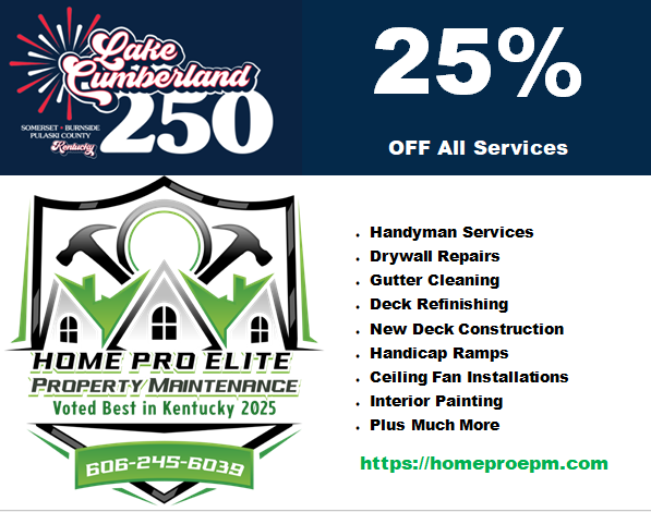 Advertisement offering 25% off on home maintenance services including handyman work, drywall repairs, gutter cleaning, deck refinishing, new deck construction, handicap ramps, ceiling fan installations, interior painting, and more. Featuring Home Pro Elite Property Maintenance with contact number 606-245-6039 and website https://homeproepm.com, celebrating Lake Cumberland's 250th anniversary.