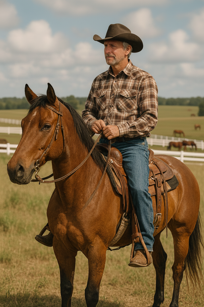 A man wearing a cowboy hat and plaid shirt riding a brown horse in a field, with other horses in the background under a partly cloudy sky.