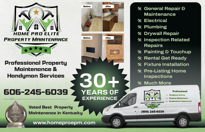 Advertisement for Home Pro Elite Property Maintenance offering professional property maintenance and handyman services in Kentucky. Features before and after photos of home repairs, a list of services including electrical, plumbing, drywall, and inspections, a logo, a pickup truck with company branding, and a contact phone number.